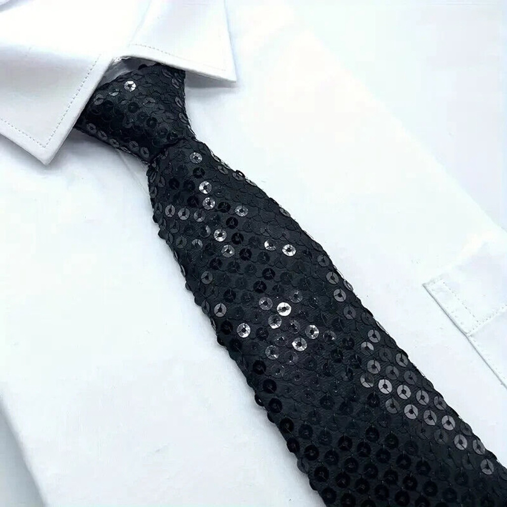 Black Sequin Party Tie – Adjustable Clip-On, 13.8in, Polyester Glitter Tie